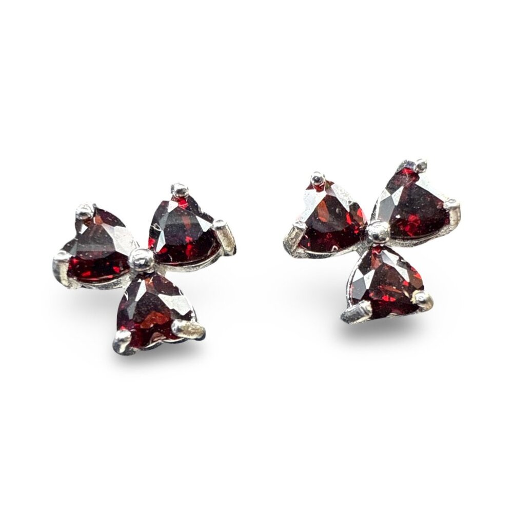 Red Garnet earrings Birthstone Solitaire Stud flower clover gemstone jewelry